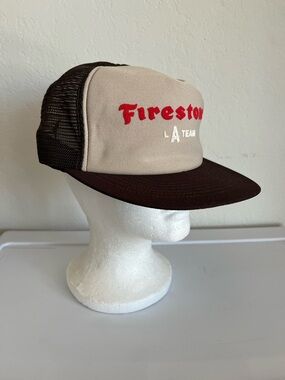 Vintage Firestone Hat Cap Trucker Snap Back‎ Brown Mesh Mens Made in USA